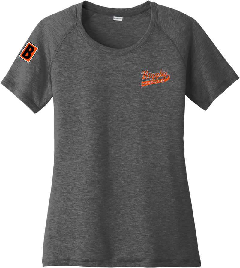 Biggby Coffee AAA Ladies PosiCharge Tri-Blend Wicking Scoop Neck Raglan Tee